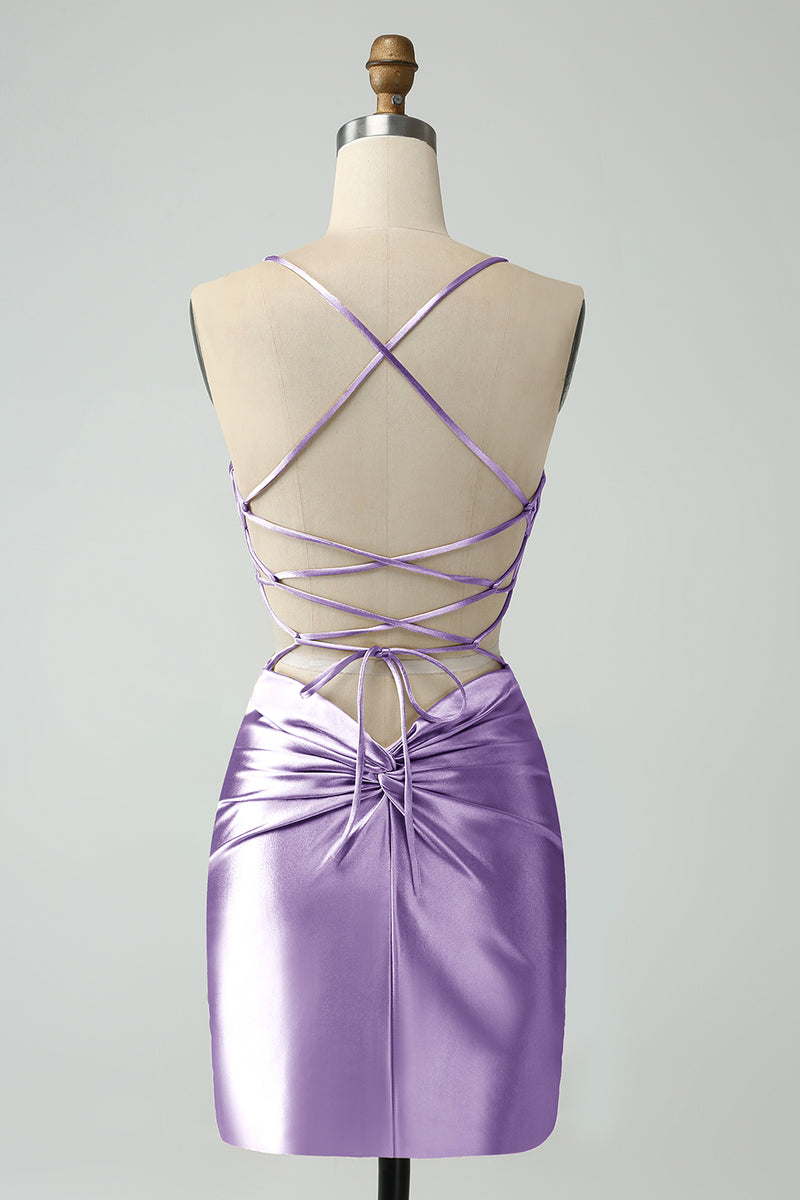 Load image into Gallery viewer, Purple Bodycon Spaghetti Straps Satin Cocktail Dress with Criss Cross Back