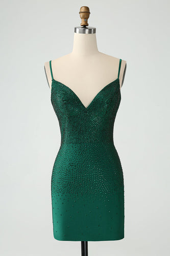 Dark Green Bodycon Spagehtti Straps Backless Cocktail Dress with Beading