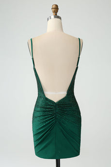 Dark Green Bodycon Spagehtti Straps Backless Cocktail Dress with Beading
