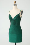 Dark Green Bodycon Spagehtti Straps Backless Cocktail Dress with Beading