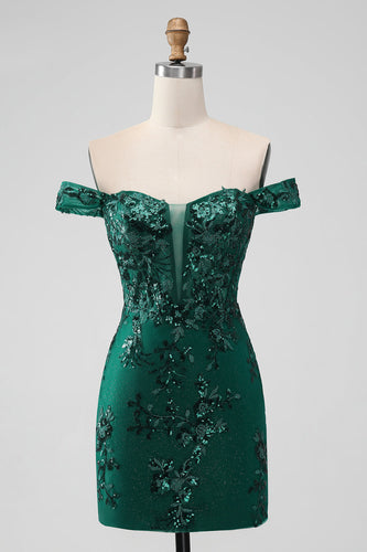 Sparkly Dark Green Off The Shoulder Tight Cocktail Dress with Sequins