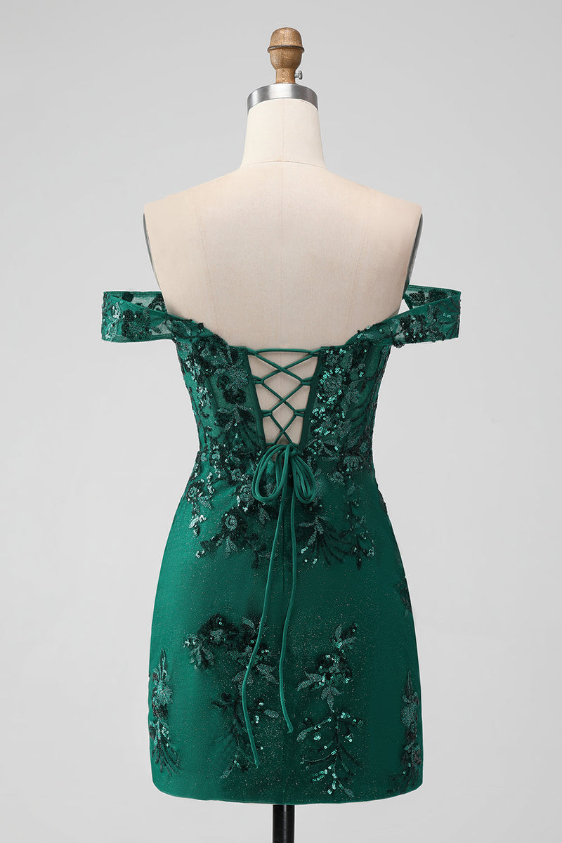 Load image into Gallery viewer, Sparkly Dark Green Off The Shoulder Tight Cocktail Dress with Sequins