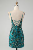 Sparkly Dark Green Beaded Sequins Bodycon Cocktail Dress with Lace-up Back