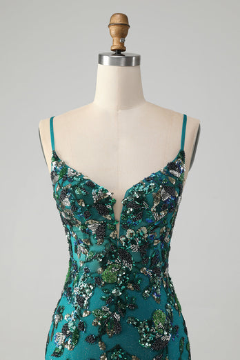 Sparkly Dark Green Beaded Sequins Bodycon Cocktail Dress with Lace-up Back