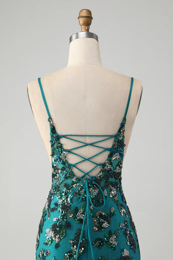 Sparkly Dark Green Beaded Sequins Bodycon Cocktail Dress with Lace-up Back
