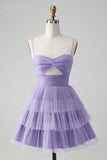 Cute Purple A Line Spaghetti Straps Tulle Tiered Short Cocktail Dress