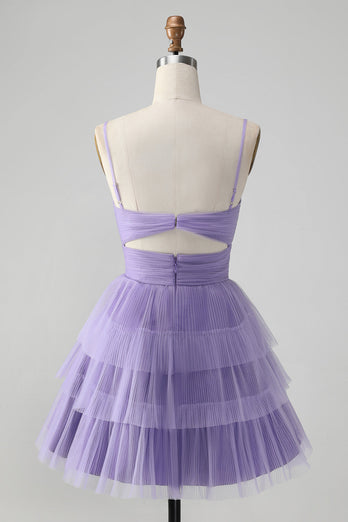 Cute Purple A Line Spaghetti Straps Tulle Tiered Short Cocktail Dress
