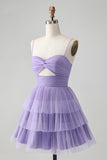 Cute Purple A Line Spaghetti Straps Tulle Tiered Short Cocktail Dress