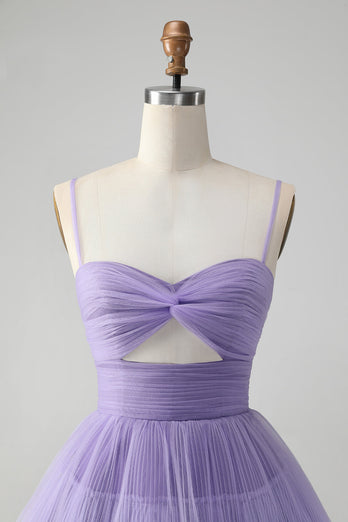 Cute Purple A Line Spaghetti Straps Tulle Tiered Short Cocktail Dress