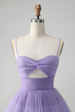 Cute Purple A Line Spaghetti Straps Tulle Tiered Short Cocktail Dress