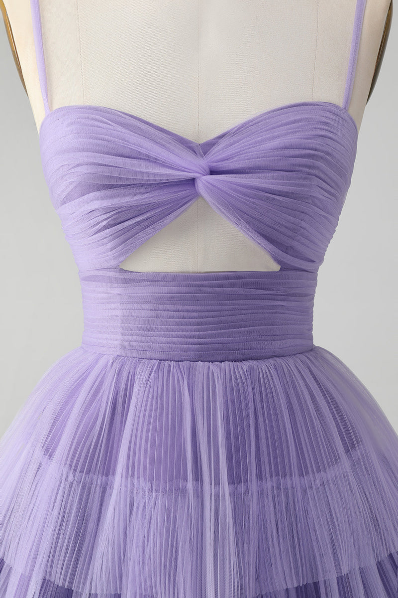 Load image into Gallery viewer, Cute Purple A Line Spaghetti Straps Tulle Tiered Short Cocktail Dress