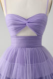 Cute Purple A Line Spaghetti Straps Tulle Tiered Short Cocktail Dress