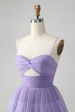 Cute Purple A Line Spaghetti Straps Tulle Tiered Short Cocktail Dress