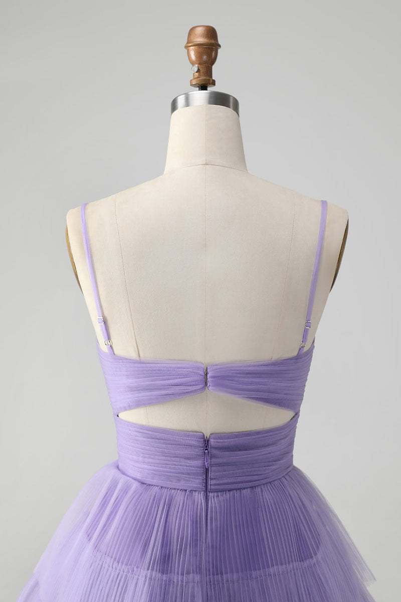 Load image into Gallery viewer, Cute Purple A Line Spaghetti Straps Tulle Tiered Short Cocktail Dress