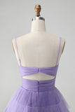 Cute Purple A Line Spaghetti Straps Tulle Tiered Short Cocktail Dress