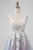 Elegant Grey Pink A Line V Neck Flowers Cocktail Dress with Pearl