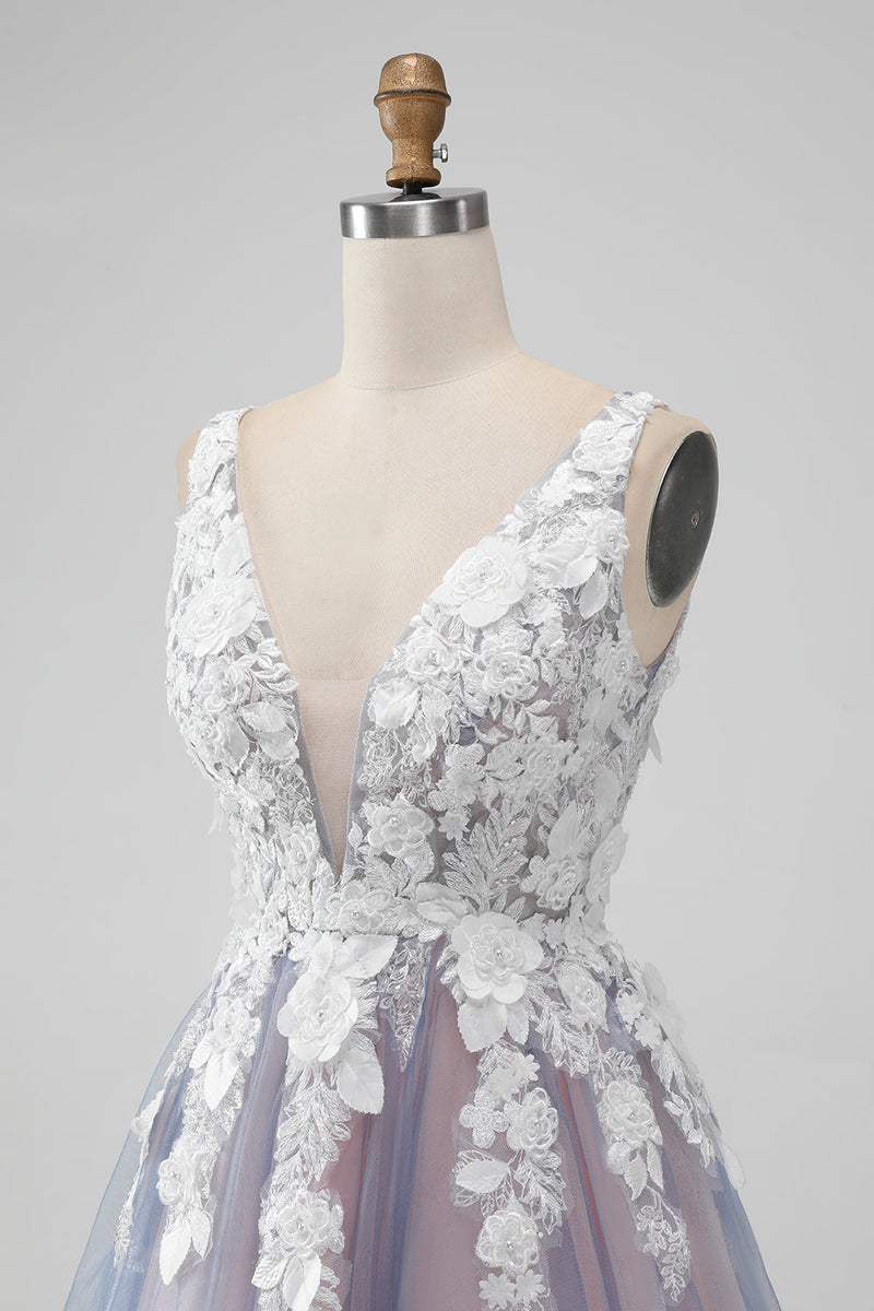 Load image into Gallery viewer, Elegant Grey Pink A Line V Neck Flowers Cocktail Dress with Pearl