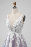 Elegant Grey Pink A Line V Neck Flowers Cocktail Dress with Pearl