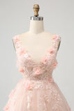 Sparkly Blush A Line V Neck Sequin Cocktail Dress with 3D Flowers