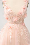 Sparkly Blush A Line V Neck Sequin Cocktail Dress with 3D Flowers