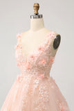 Sparkly Blush A Line V Neck Sequin Cocktail Dress with 3D Flowers