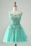 Green A Line Sequins Corset Short Tulle Cocktail Dress with Appliques