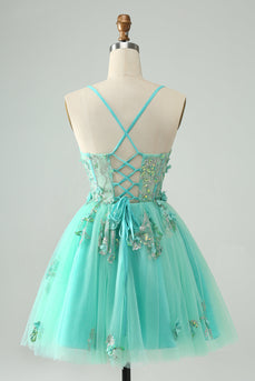 Green A Line Sequins Corset Short Tulle Cocktail Dress with Appliques