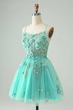 Green A Line Sequins Corset Short Tulle Cocktail Dress with Appliques