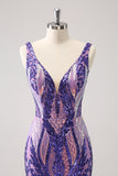 Sparkly Dark Purple Sequined Tight V Neck Cocktail Dress