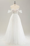 Princess Off The Shoulder Sweep Train Tulle Corset Wedding Dress with Appliques