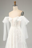 Princess White A-Line Lace Up Tulle Corset Wedding Dress with Appliques Lace