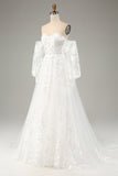 White A Line Tulle Long Sleeves Wedding Dress with Appliques Lace