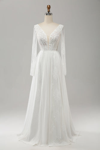 A Line V Neck Long Sleeve Beach Boho Wedding Dress with Lace Appliqued