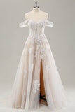 Princess White Off the Shoulder Tulle Wedding Dress with Slit