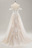 Princess White Off the Shoulder Tulle Wedding Dress with Slit