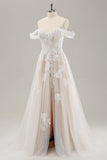 Princess White Off the Shoulder Tulle Wedding Dress with Slit