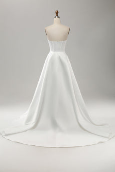 Elegant White A Line Strapless Pleated Sweep Train Bridal Dress With Split