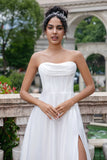 Elegant White A Line Strapless Pleated Sweep Train Corset Wedding Dress With Slit