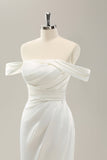 White Mermaid Off The Shoulder Pleated Satin Wedding Dress with Slit