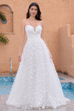 A Line Sweetheart Applique Lace White Wedding Dress with Detachable Sleeves