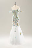 White Mermaid Off the Shoulder Flowers Corset Bridal Dress