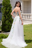 White A Line Strapless Tulle Long Slit Wedding Dress with 3D Flowers