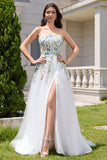 White A Line Strapless Tulle Long Slit Wedding Dress with 3D Flowers