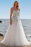 White A Line Strapless 3D Flowers Tulle Wedding Dress with Slit