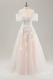 White A Line Off the Shoulder Tulle Bridal Dress with Embroidery