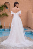 White A Line Off the Shoulder Tulle Lace Bridal Party Dress with Embroidery