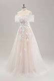 White A Line Off the Shoulder Tulle Bridal Dress with Embroidery