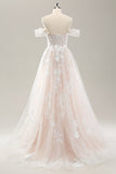 White A Line Off the Shoulder Tulle Wedding Dress with Appliques