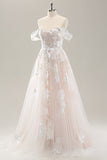 White A Line Off the Shoulder Tulle Wedding Dress with Appliques