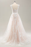 White A Line Off the Shoulder Tulle Wedding Dress with Appliques